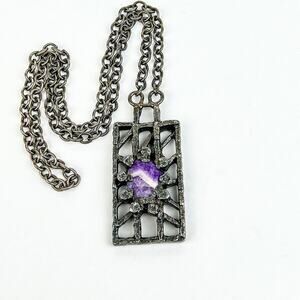 Jacob Hull Brutalist Pendant Necklace Amethyst Stone Denmark Silver Plate Signed